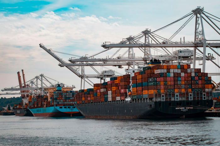 Cargo ships docked at a port, taking Starlink from Dubai abroad