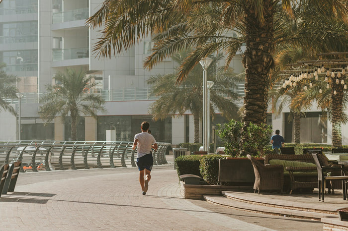 Man running along a palm-lined street in the UAE during the cooler season