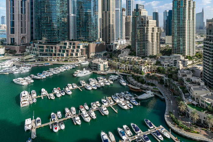 Boats moored in a marina, Starlink for boats in the UAE