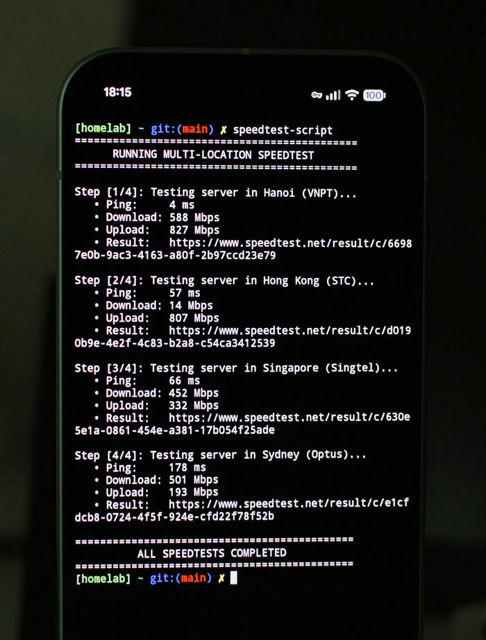 Smartphone showing internet speed test results, testing Starlink speed in the UAE